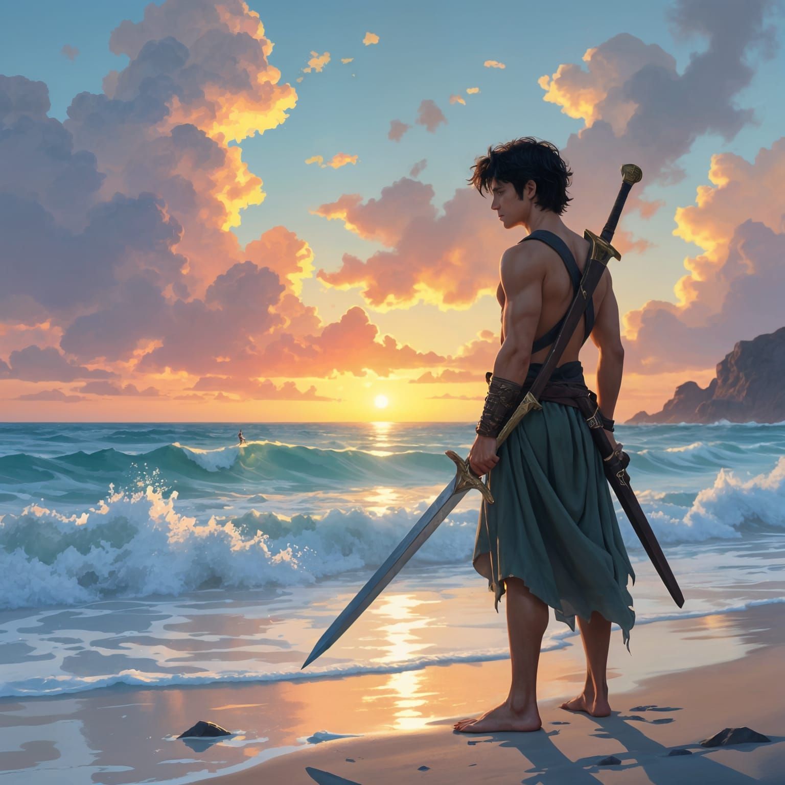 Son of Poseidon at the Sea in Gouache Style