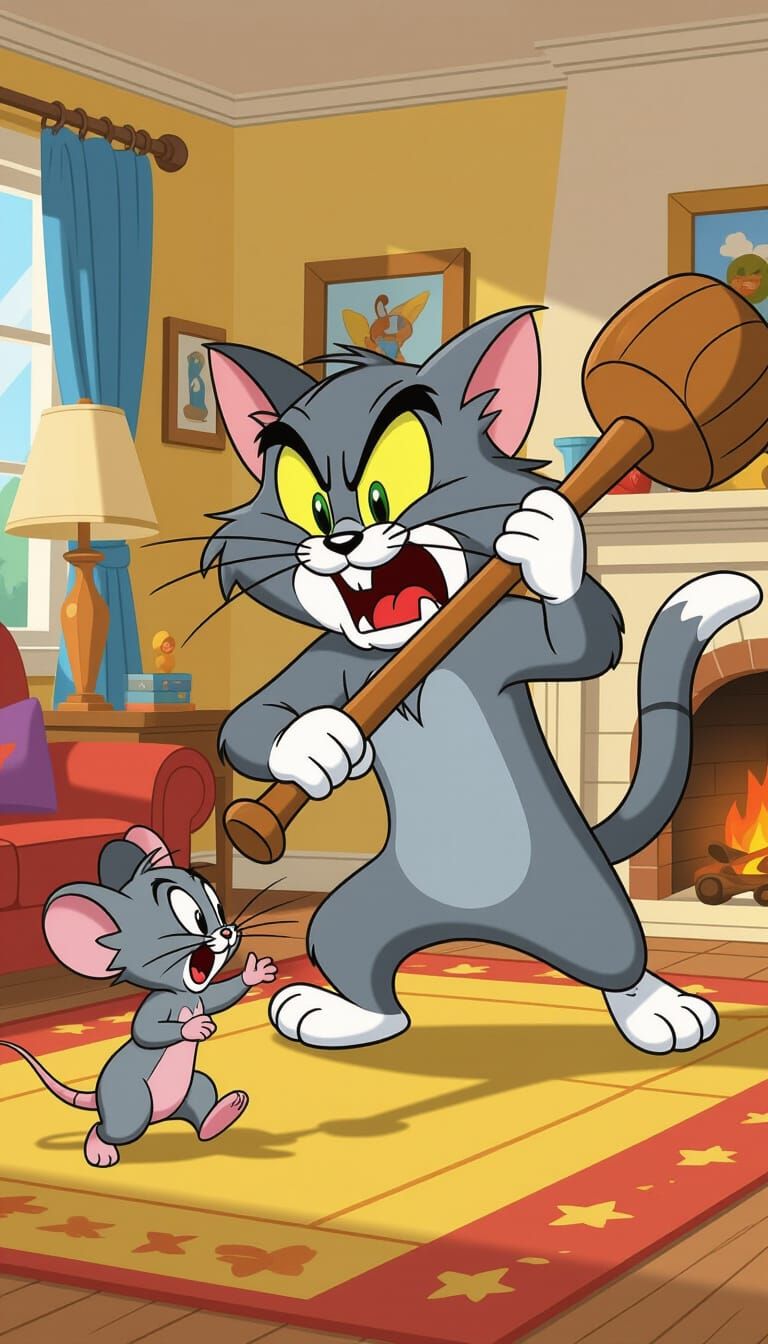 Cartoon Cat Chasing Mouse with Mallet in 2D Style