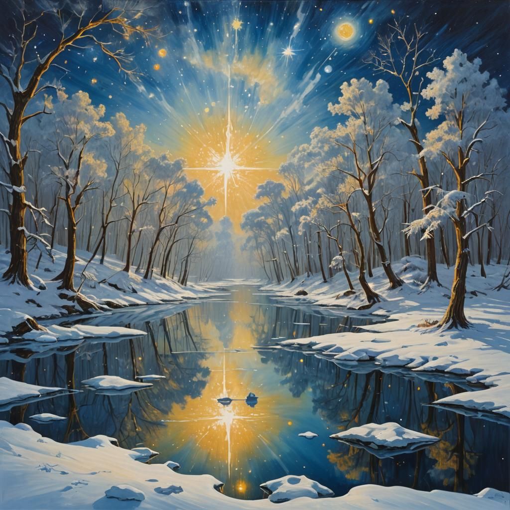 Endless Cold Blue-Gold Spaces in Oil Painting Style