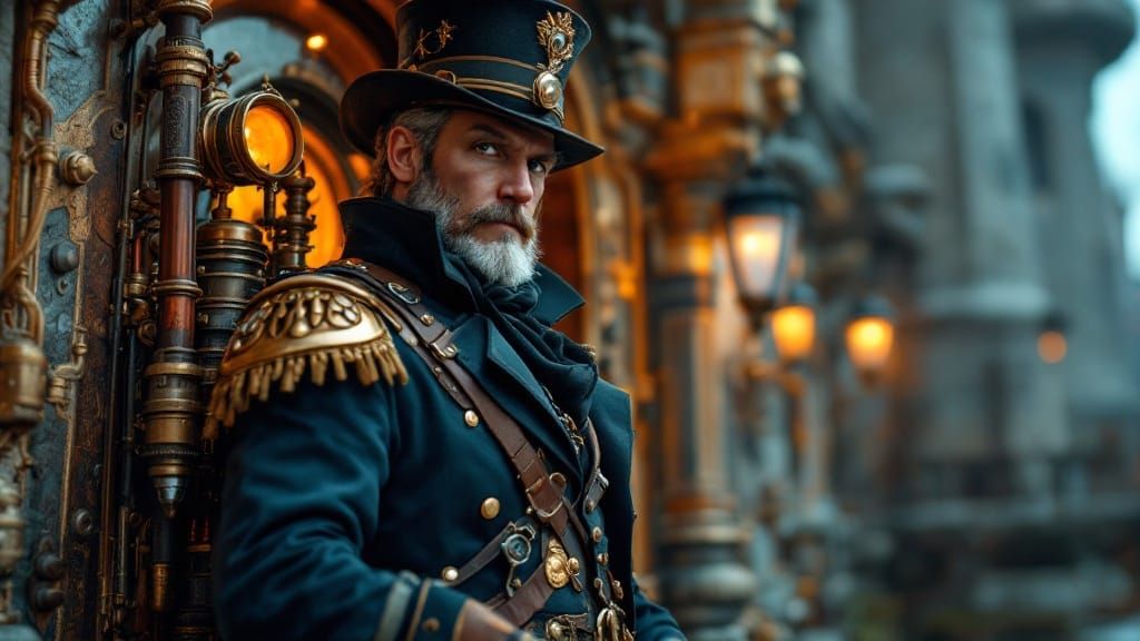 Steampunk Pilot and Time Capsule at Castle Door