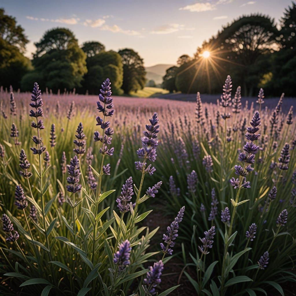 Lavender Blooms in Vibrant Purple, Soft Foliage, and Warm Su...