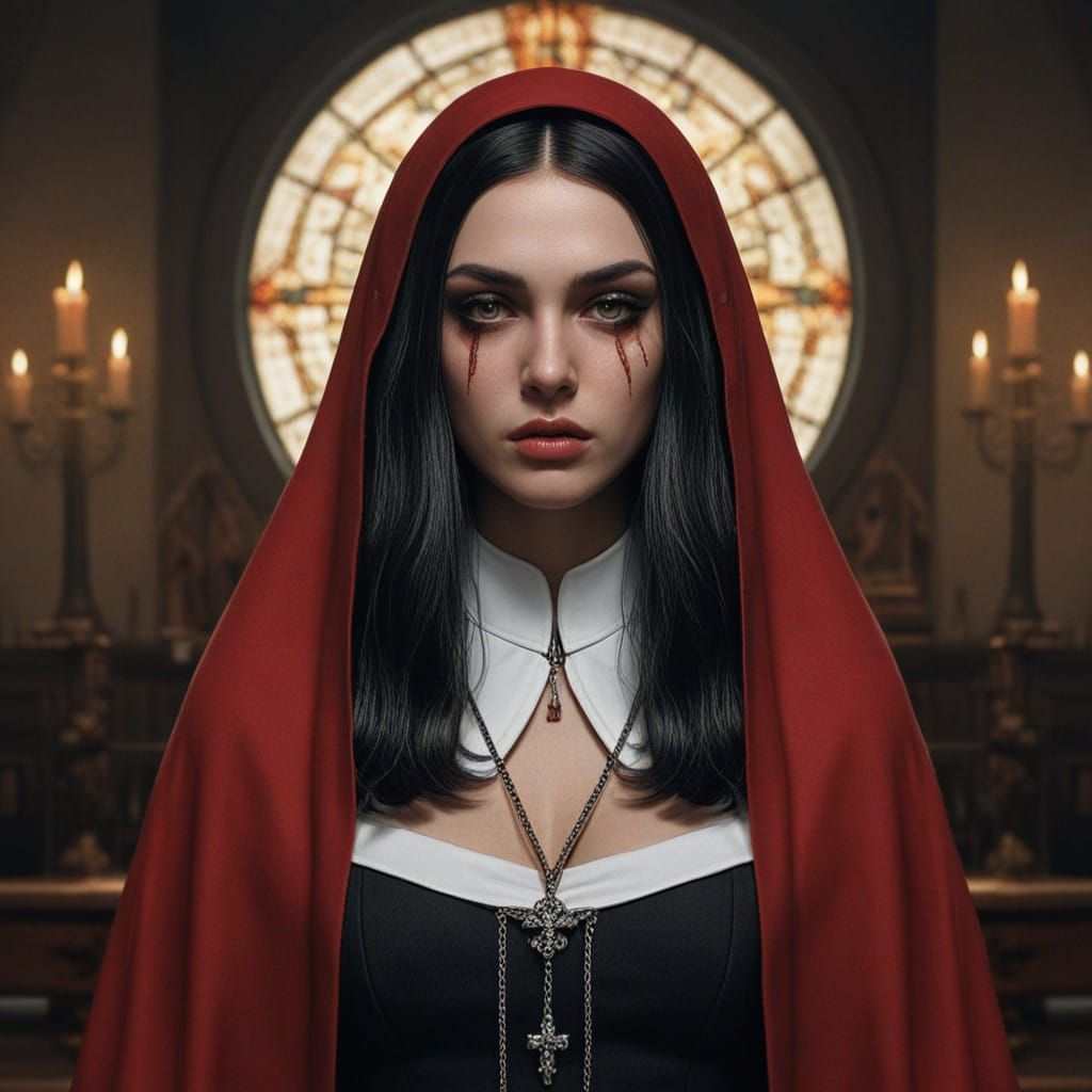 Surreal Sacripunk Nun in Sensual Attire with Blood Tears