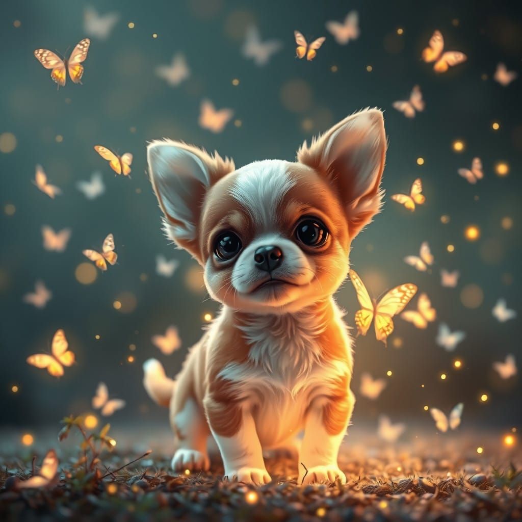 Surreal Bioluminescent Chihuahua Enchanted by Whimsical Butt...