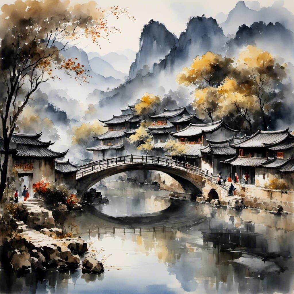 Guizhou Water Village: Ink Wash Painting