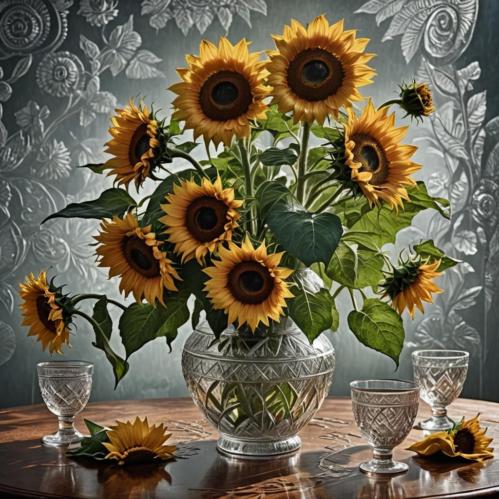Hyperrealistic Sunflowers in Etched Glass Vase