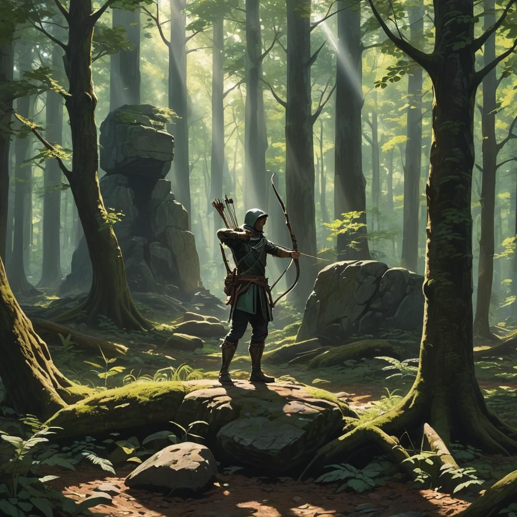 Hero in Forest Stands Before Stone Target