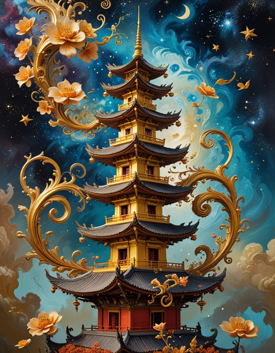 Surreal Floating Pagoda in Cosmic Oil Painting Style