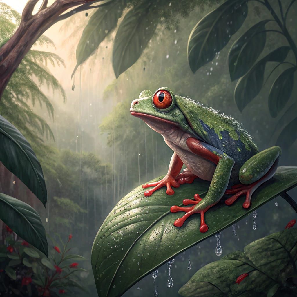 Beautiful Tree Frog in Misty Rainforest, Gouache and Ink Sty...