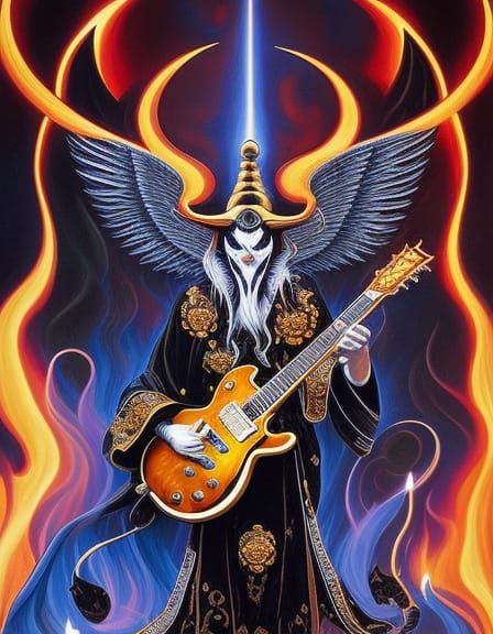 Baphomet Plays Guitar Amidst Smoke and Flames