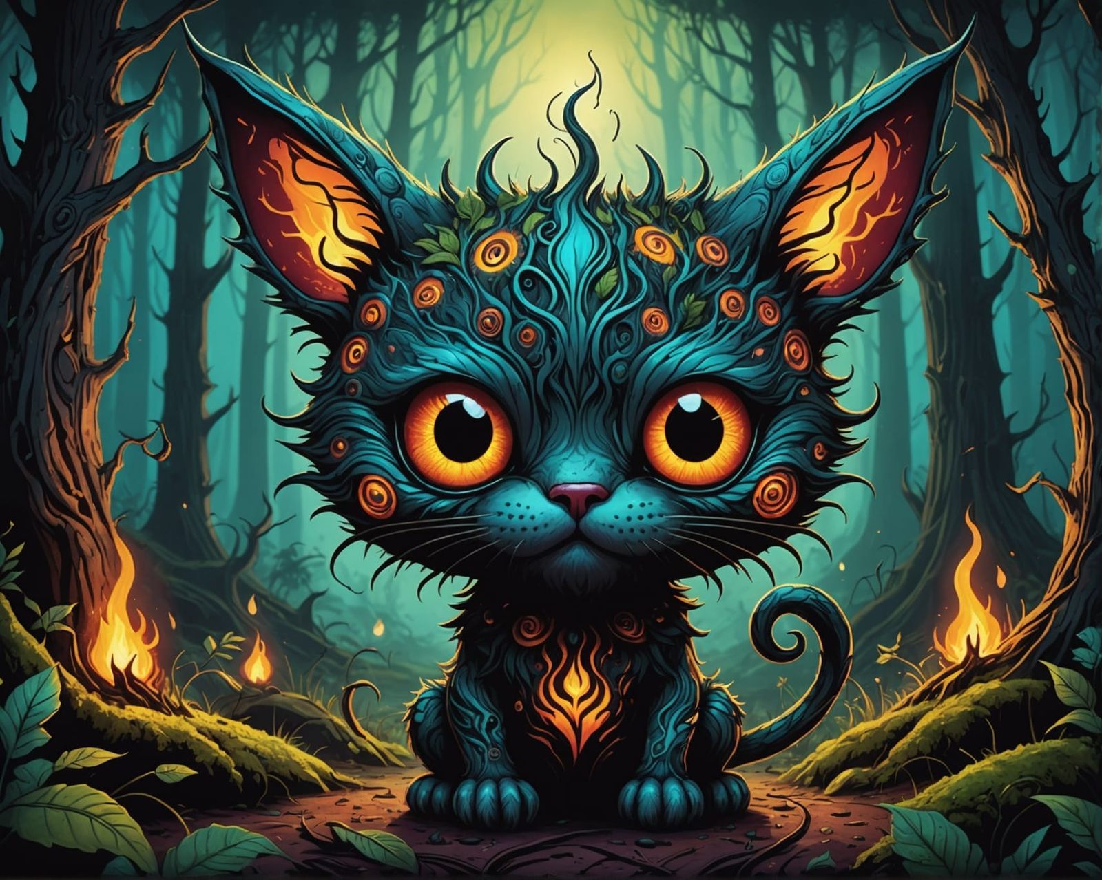Demon Cat in Psychedelic Forest, Digital Art
