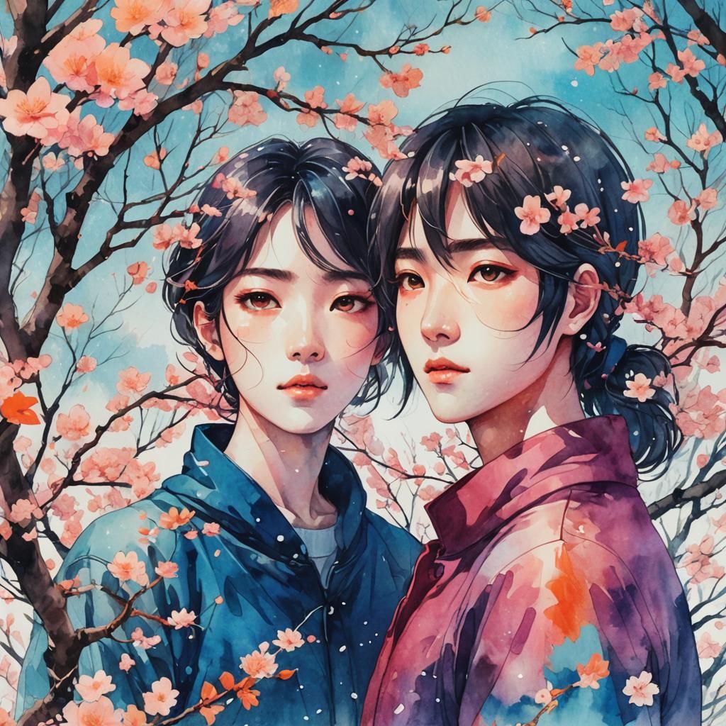 Manhwa-Style Double Exposure Portrait: Spring and Winter
