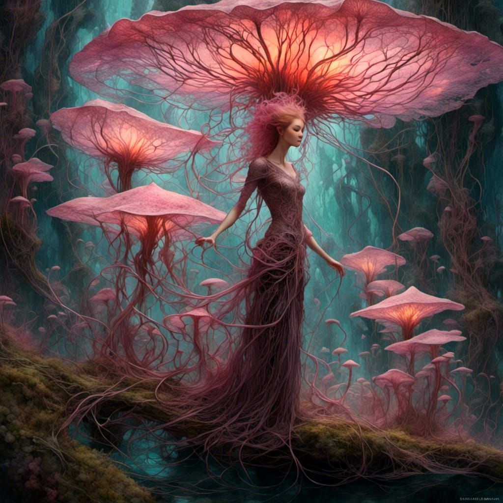 Glowing Mushrooms and Vines: Botanical Fractal Art