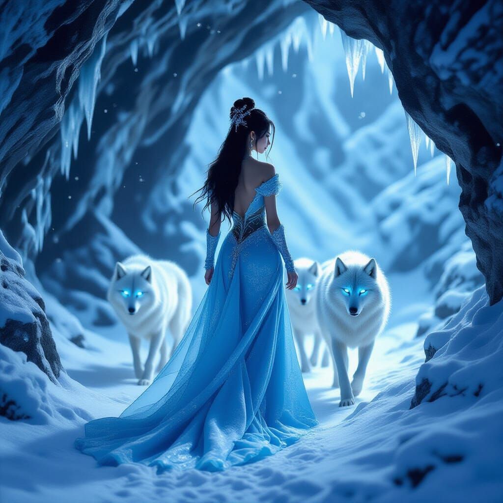 Ice Queen and Ethereal Wolves in Blizzard Fantasy Art