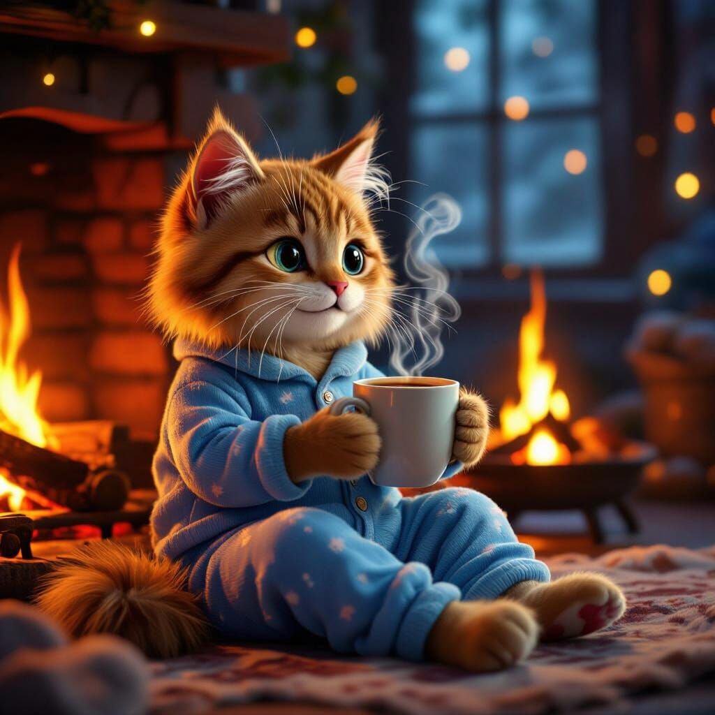 Cozy Tabby Cat in Pajamas by Fireplace