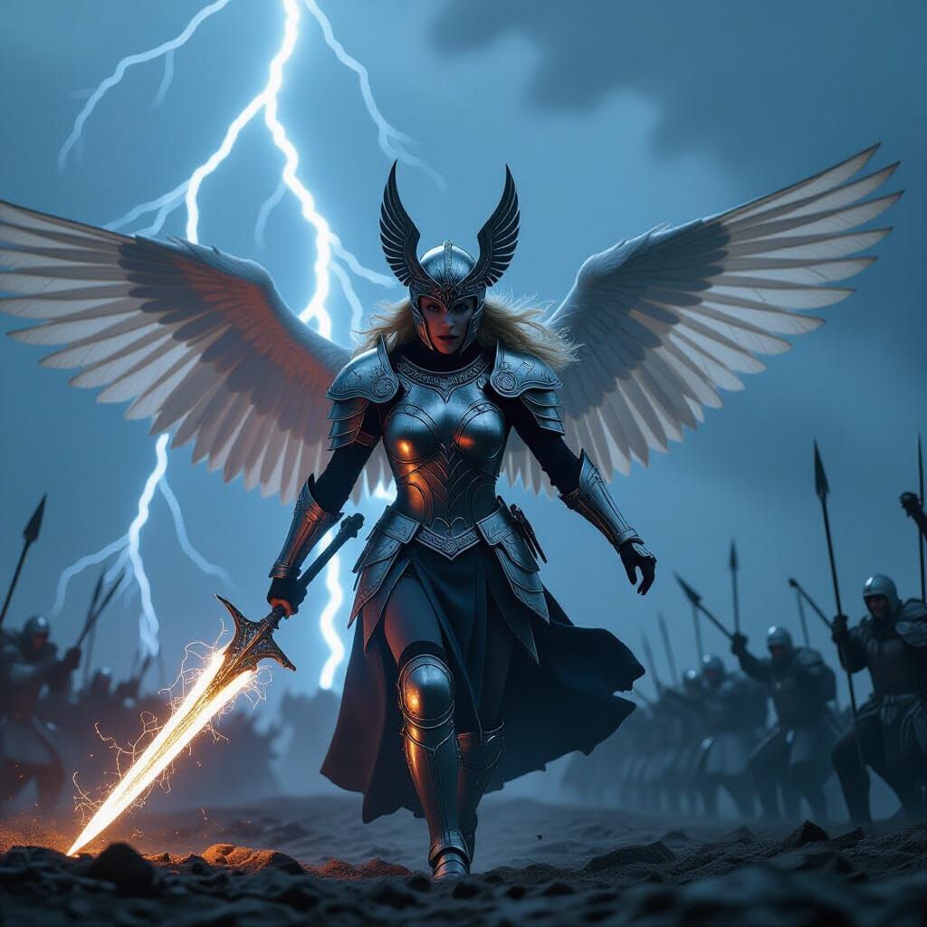Valkyrie Warrior Descends in Epic Cinematic Scene