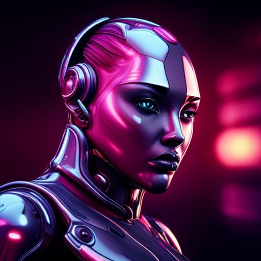 Cyborg Girl in Neon City: Detailed Fantasy Art