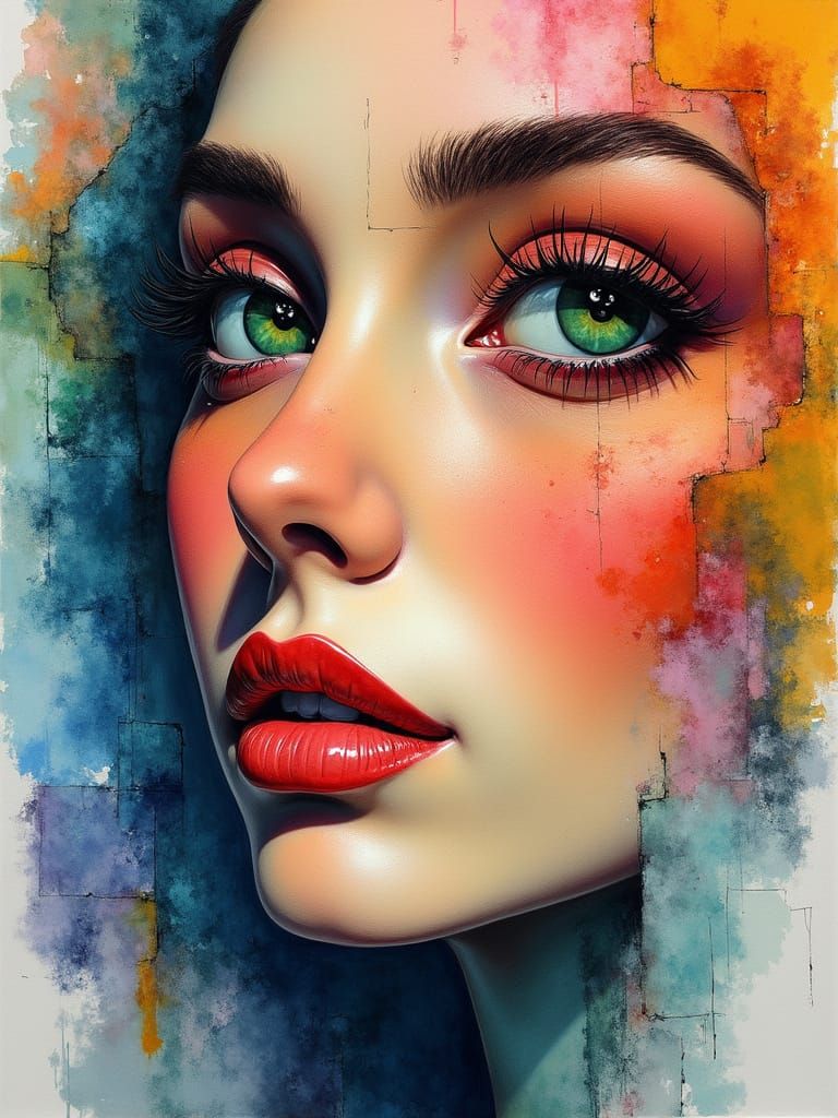 Cubist Woman with Serene Green Eyes in Vibrant Abstract Wate...