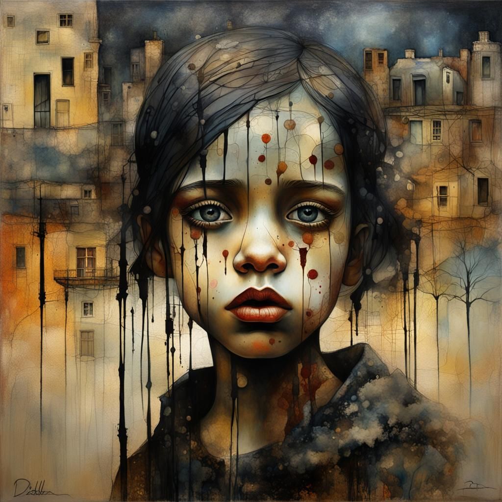 Desolate Girl Double Exposure in Oil Painting Style
