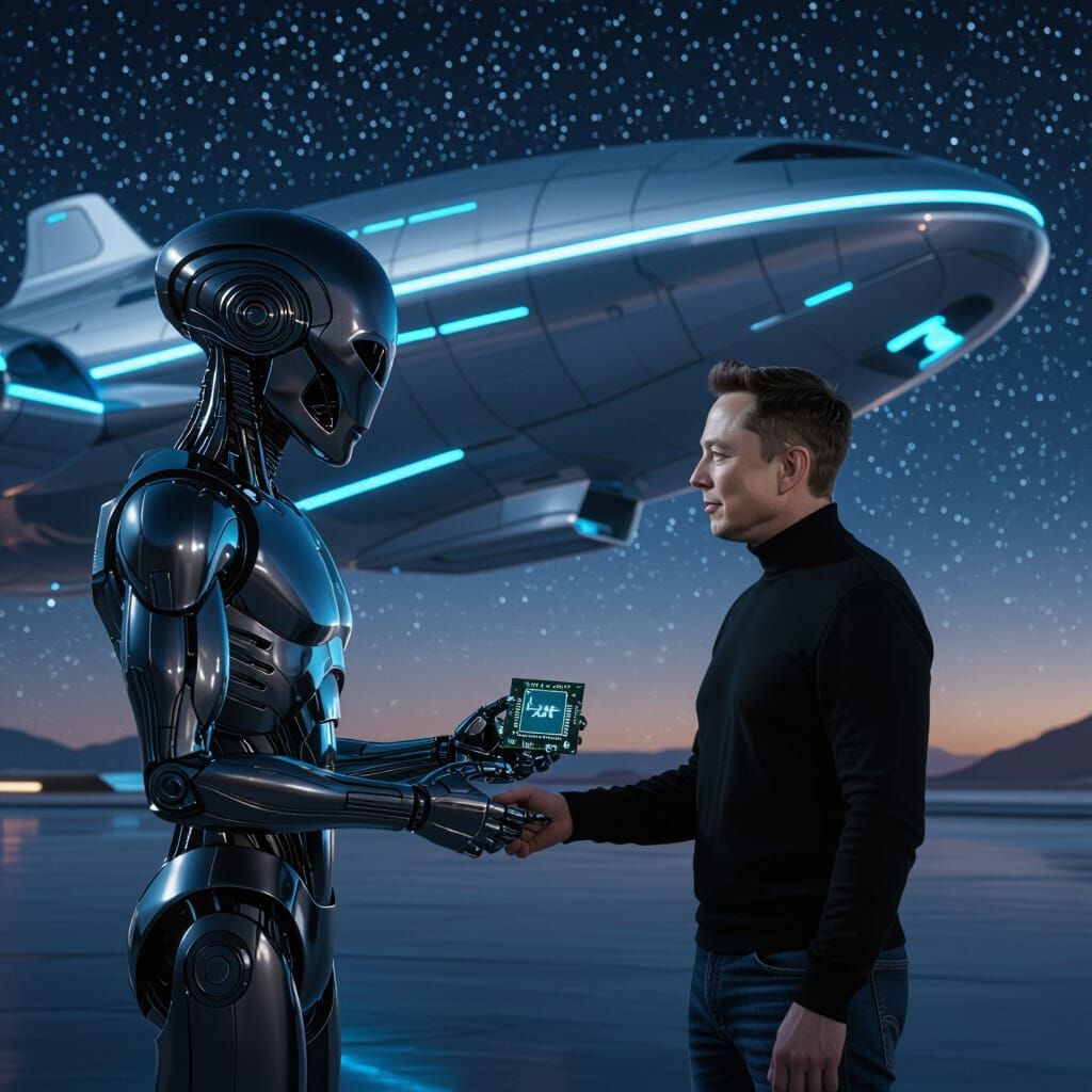 Alien Robot Gifts AI Chip in Sci-Fi Art Style