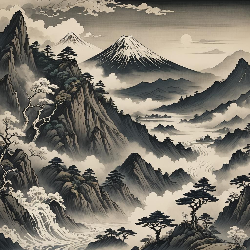 Eerie Mountain Landscape in Hokusai and Gorey Style
