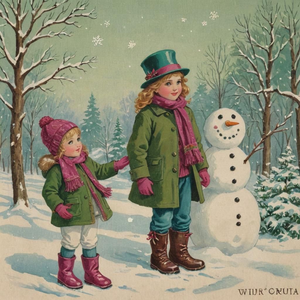 Vintage Winter Postcard with Snowman and Children