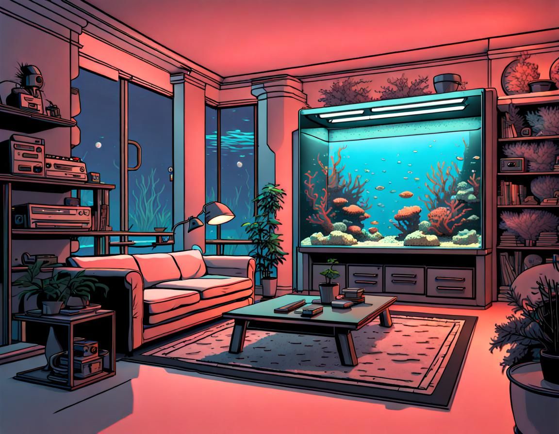 Cyberpunk Coral Aquarium Living Room in Comix Style