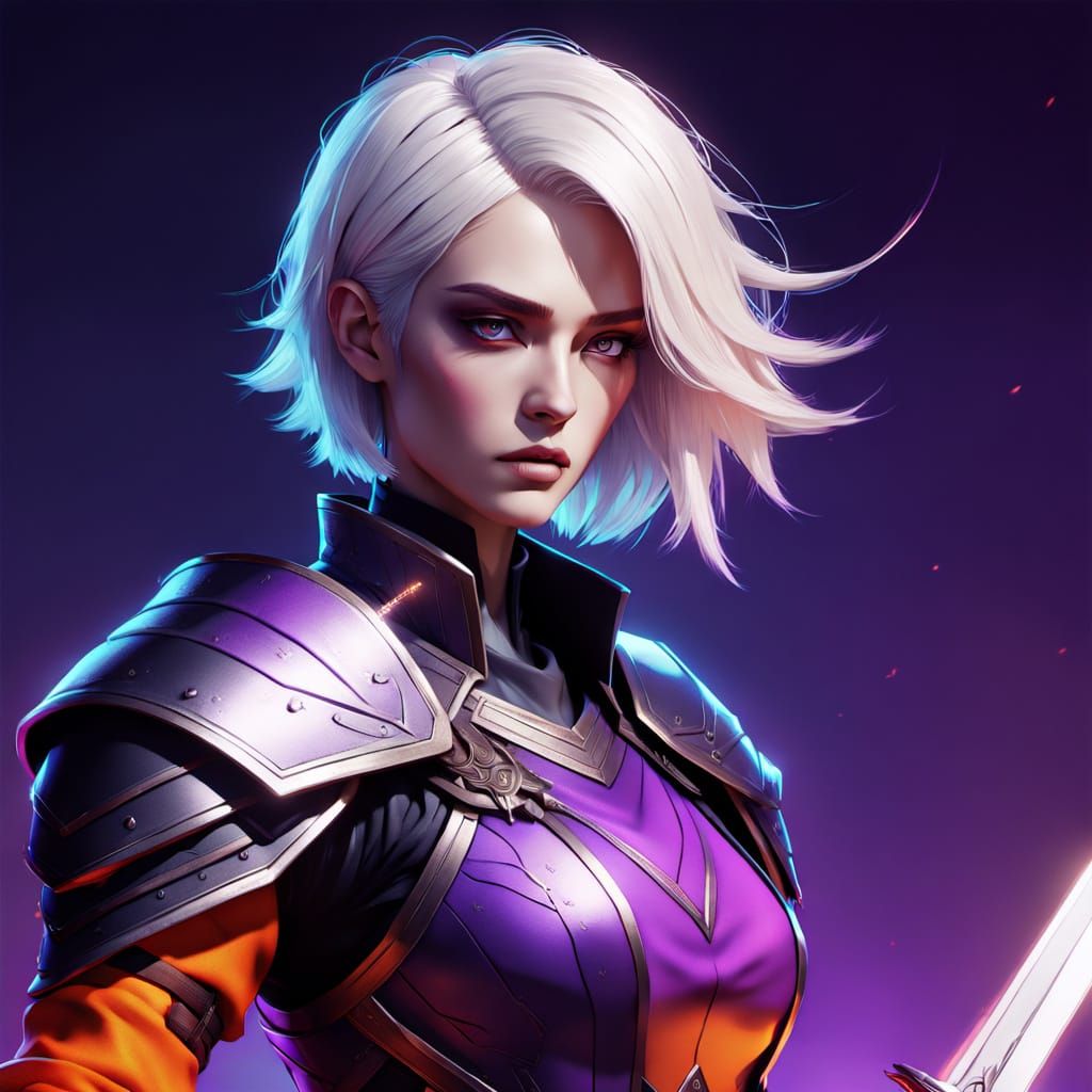 Androgynous Warrior with Pixelcut Hair and Vibrant Swords