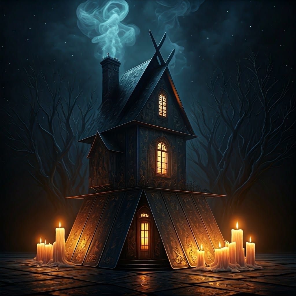 Mystical Tarot Card House in Futuristic Surrealism