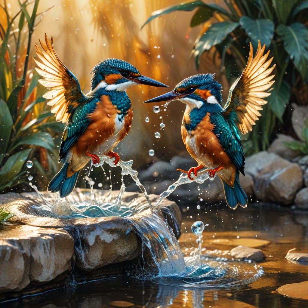 Alcohol ink painting  of a hyper-realistic photorealistic  pair kingfisher birds playing in a terraced fountain, as it k...