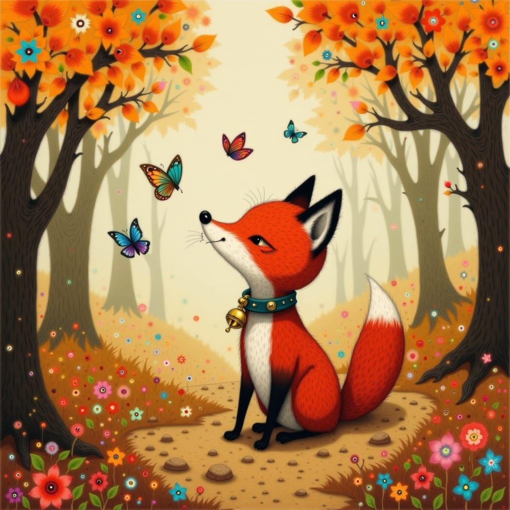 Fox Chasing Butterflies in Autumn Woods