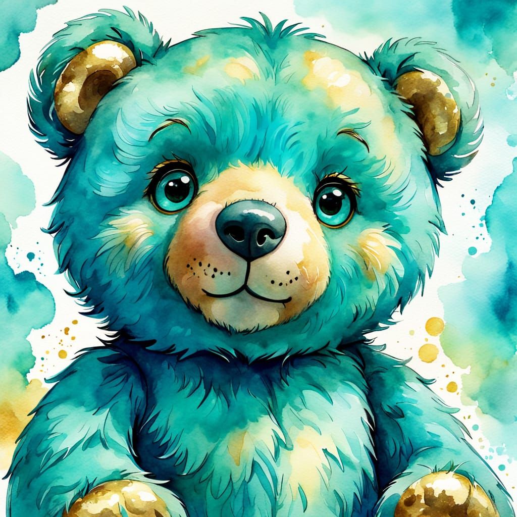 Whimsical Turquoise Teddy Bear in Watercolor Style