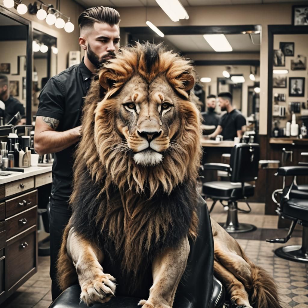 A captivating photograph of a cool-looking lion in a barbers...