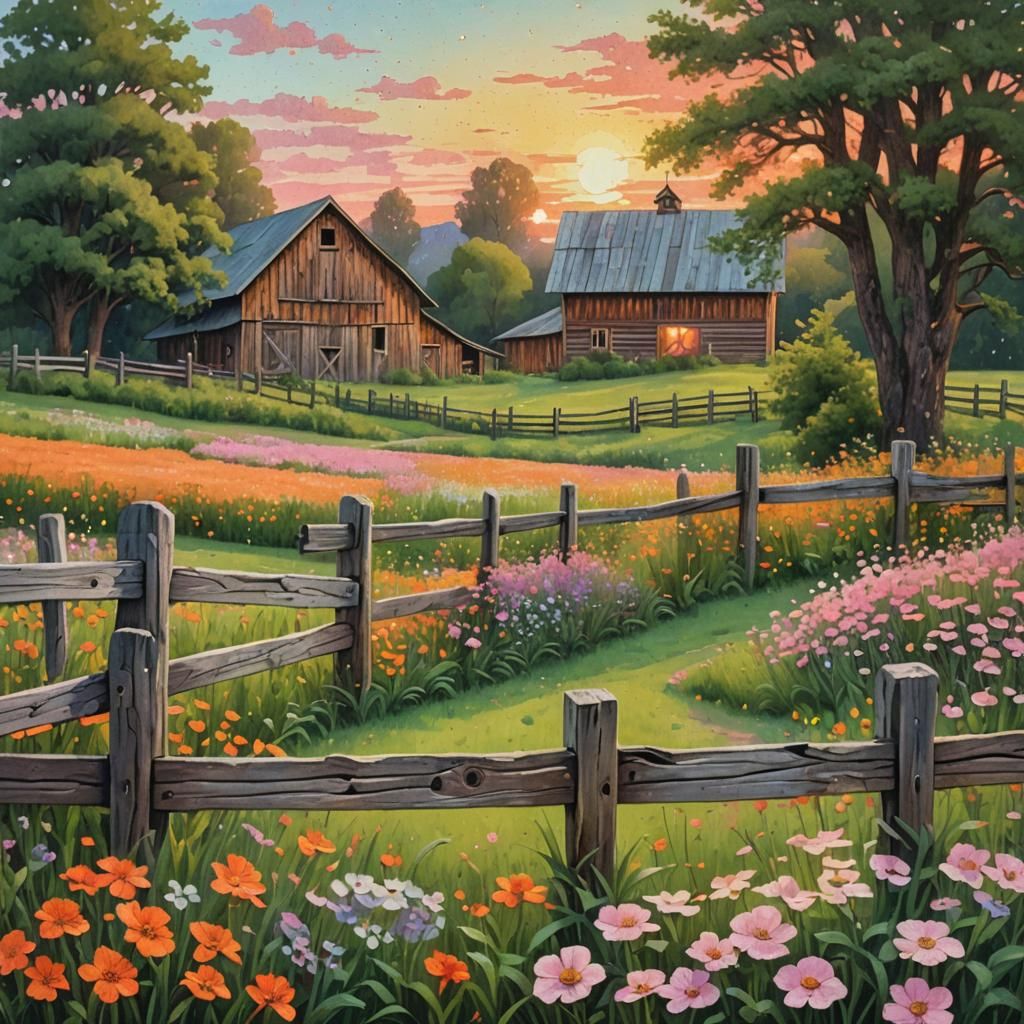 Pointillist Countryside Sunset with Meadow and Barn