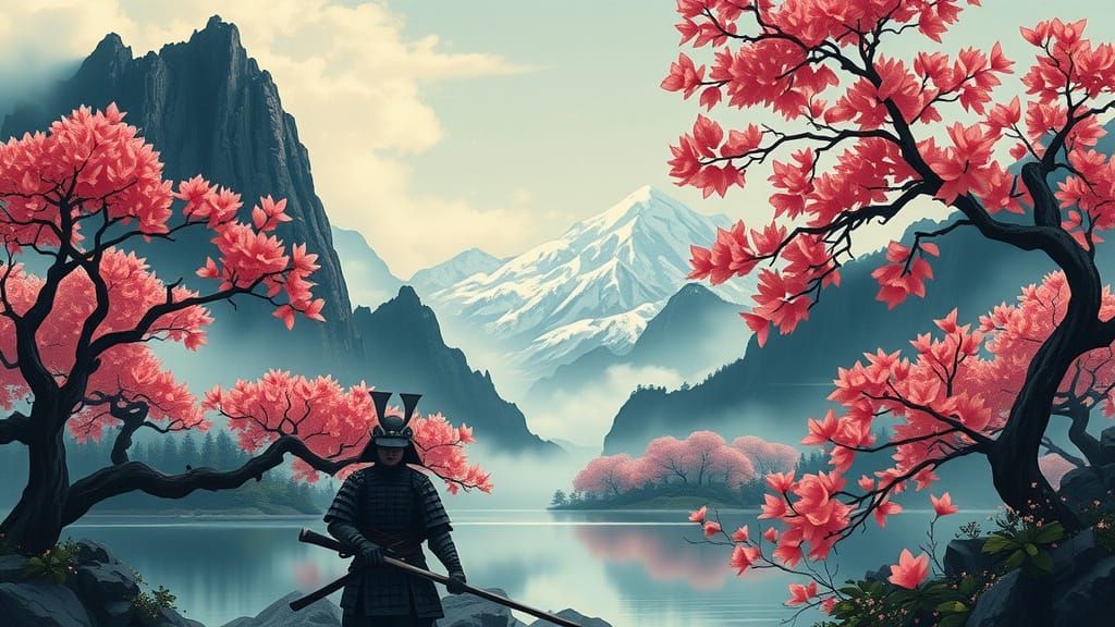 Majestic Samurai in Japanese Landscape, Gouache Style