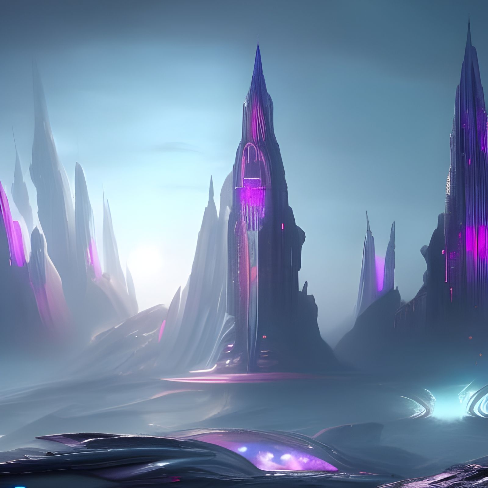 A futuristic city with crystal spires on an alien landscape