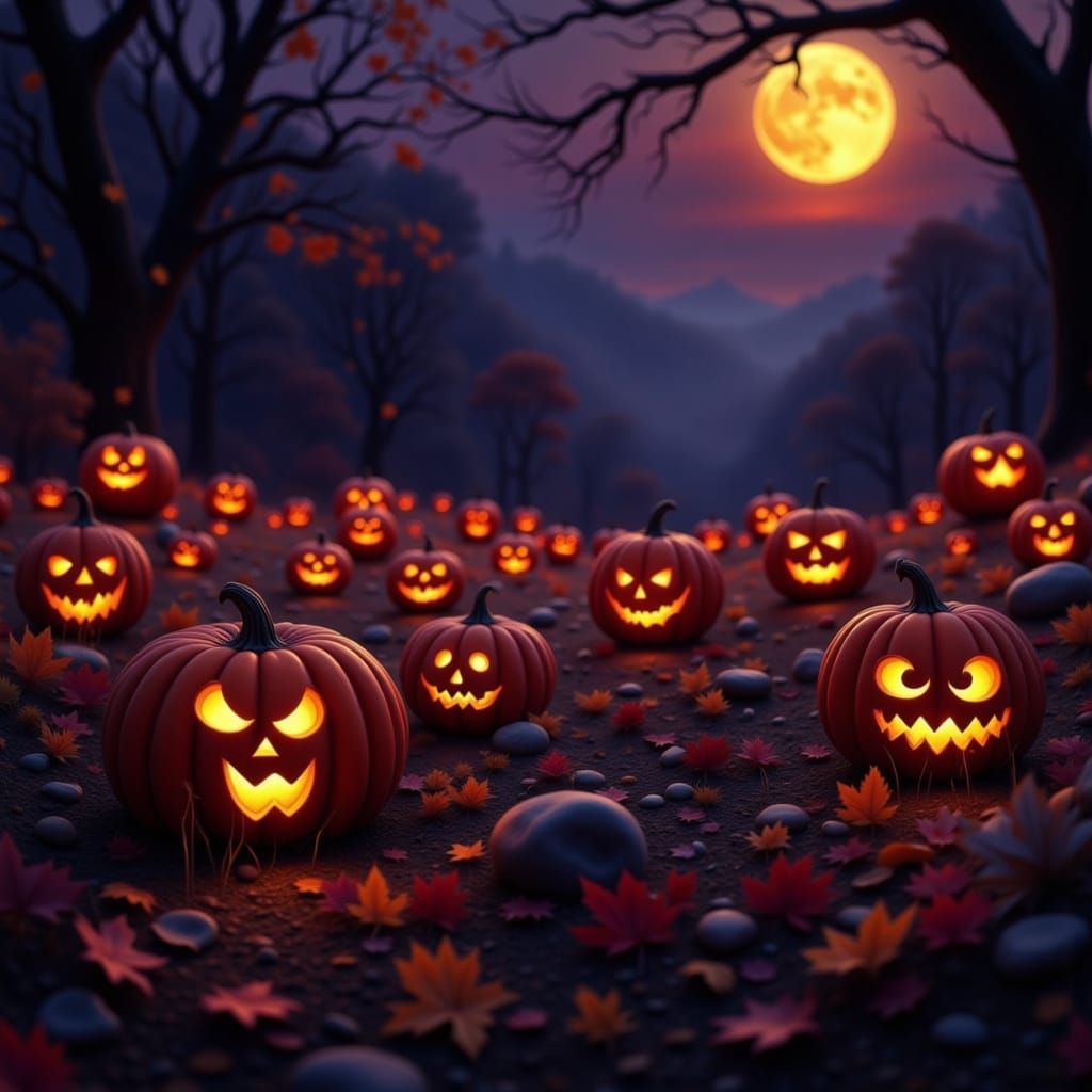 Spooky Jack O Lanterns Glow on Autumn Night