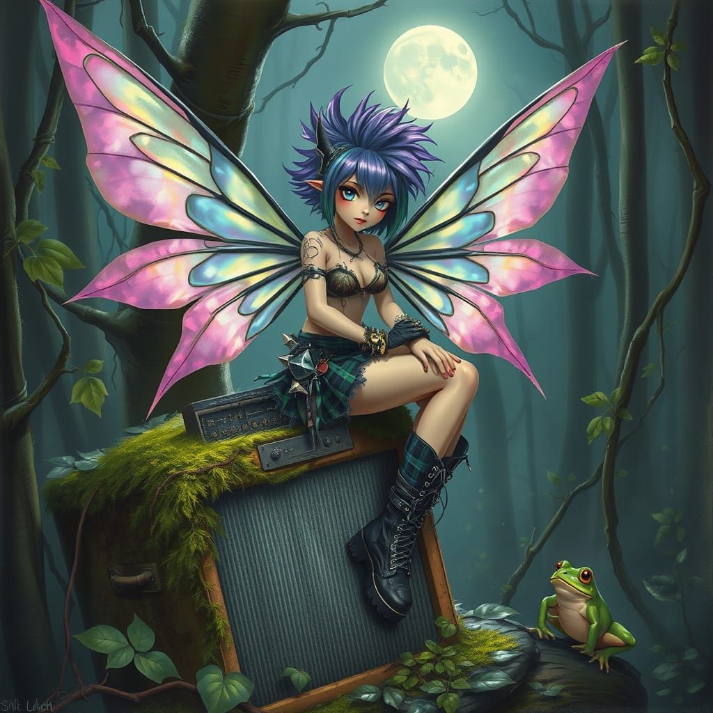 Punk Rocker Fairy in Moonlit Forest, Painterly Style