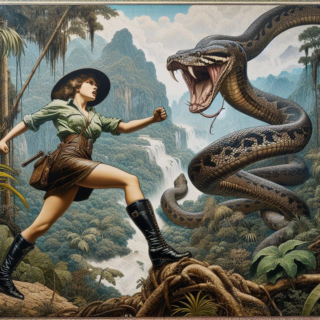 Woman Versus Anaconda: A Digital Woodblock Print