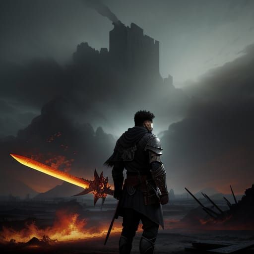 Dark Fantasy Warrior with Flaming Sword in Ruined City