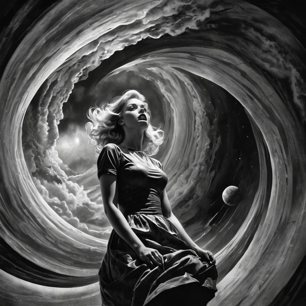 Blonde Woman Emerges onto Alien Planet in Pen and Ink