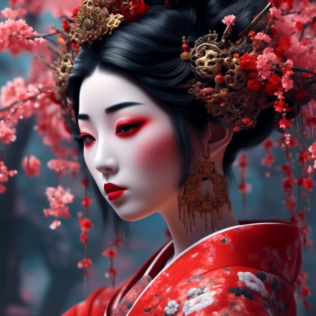 Hyperrealistic Geisha in Japanese Art Fusion