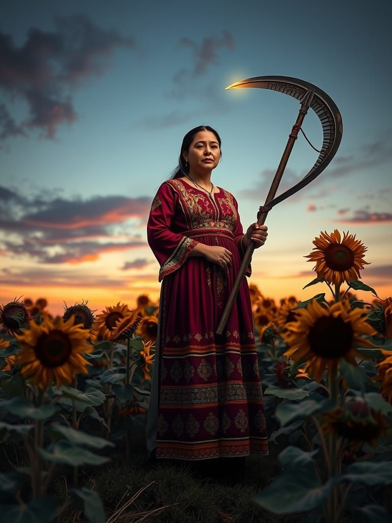 Mexican Woman with Spectral Scythe in Twilight Sunflower Fie...