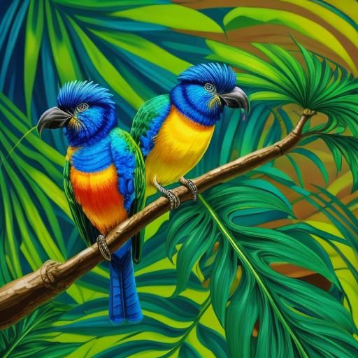 Tropical Birds in a Lush Forest: Photorealistic Illustration