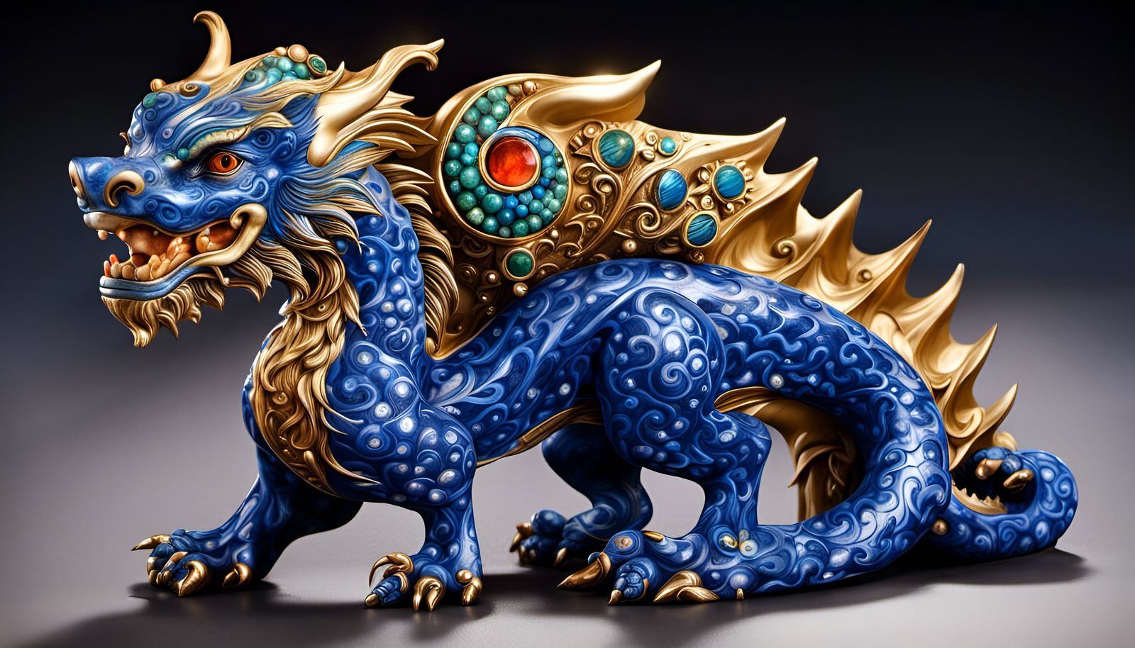Bejeweled Cerulean Dragon Statue in Cel-Shaded Style