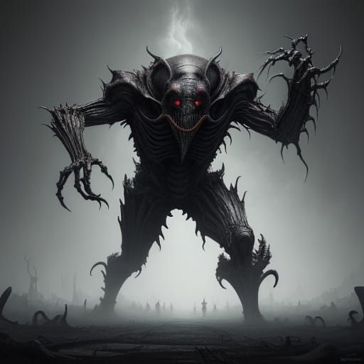 Grotesque, Humanoid Creature in Chitinous Armor, Slaying wit...