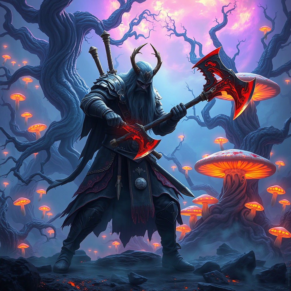 Crimson Axes in Mystical Forest, Matte Painting