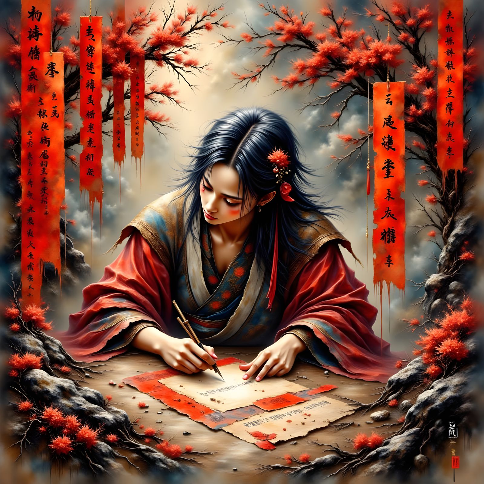 Asian Artist Writes Protective Charms in Surreal Style