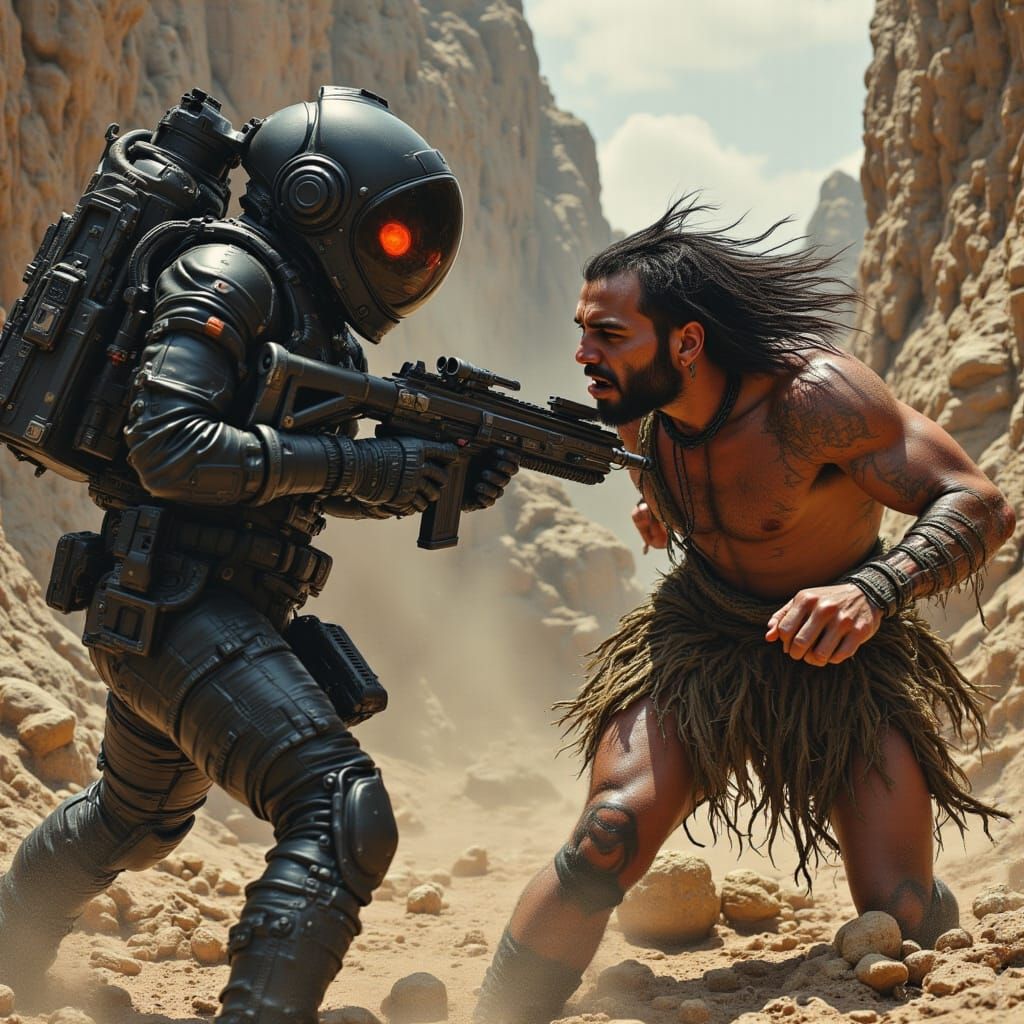 Astronaut Battles Caveman in High-Contrast Sci-Fi Scene