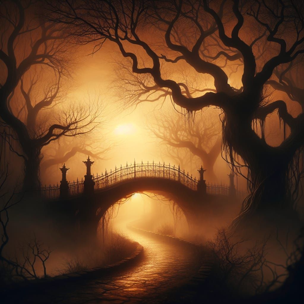Gothic Fantasy Scene of a Mystical Bridge at Sunset