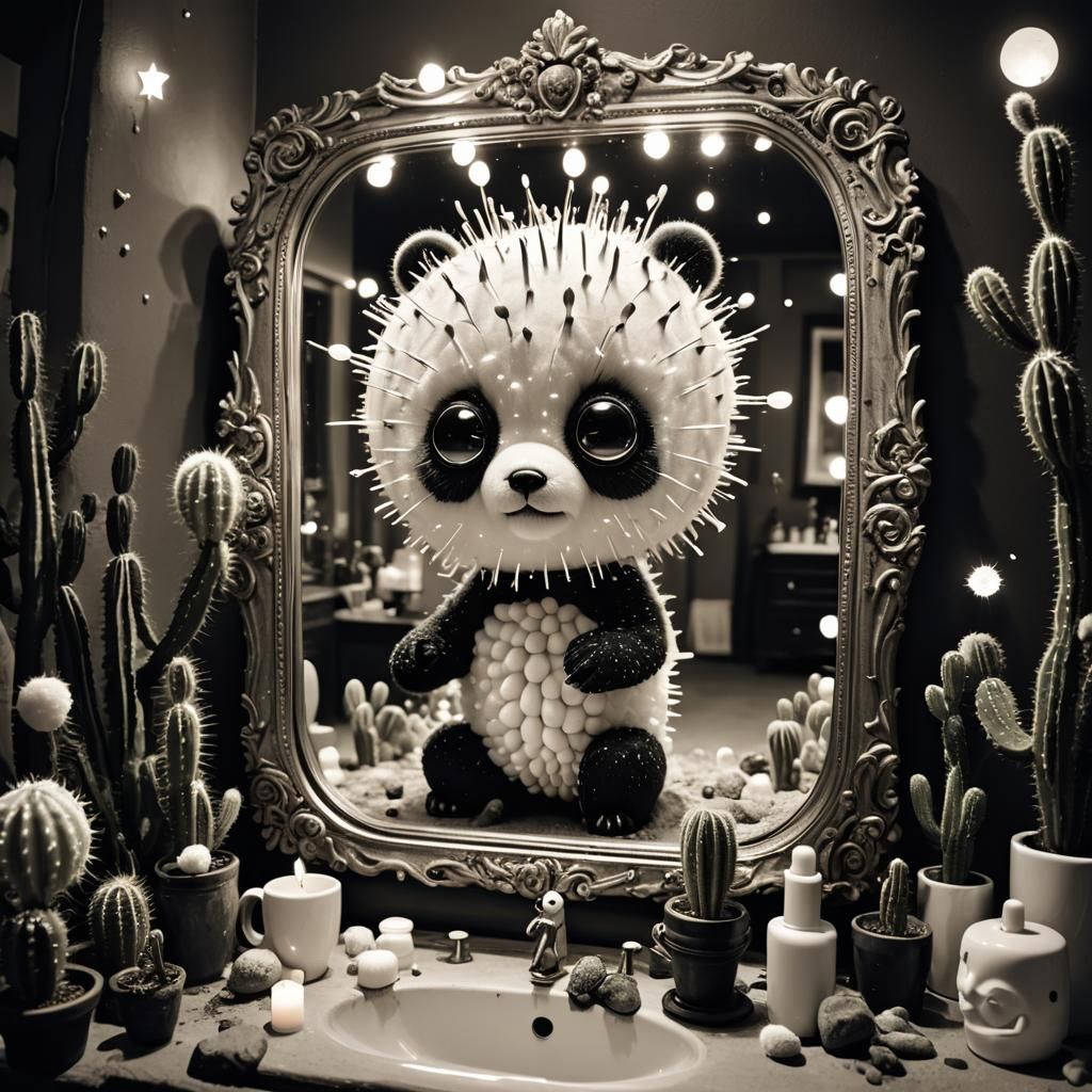 Cotton Ball/Q-Tip Panda and Cacti on a Vanity